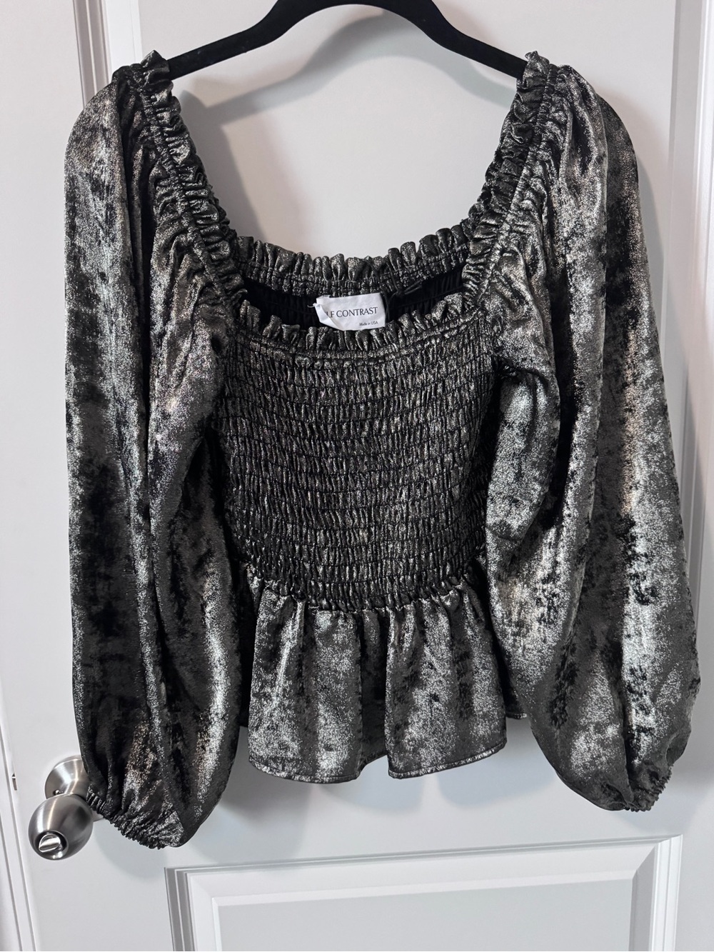 NWT-Self Contrast-Metallic Smocked Peplum Top - Silver-Small